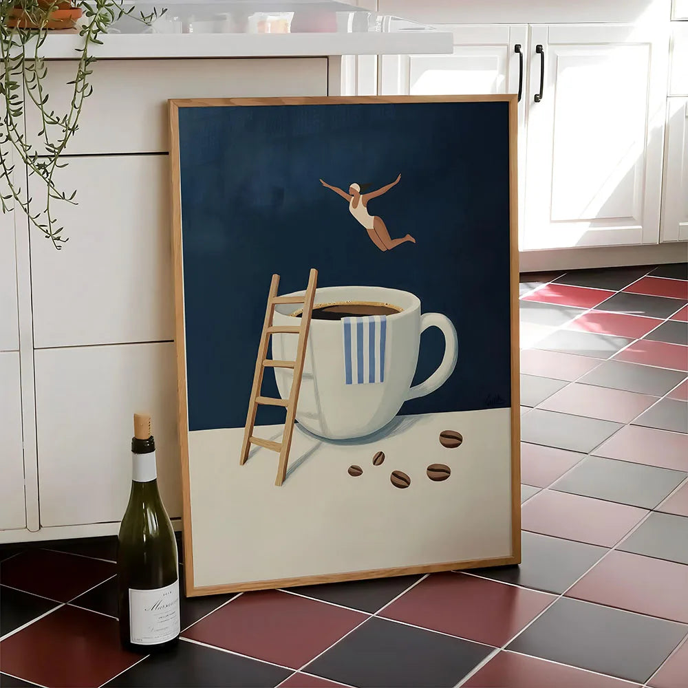 Abstract coffee wall art canvas print featuring a woman leaping above a white coffee cup and a wooden ladder.
