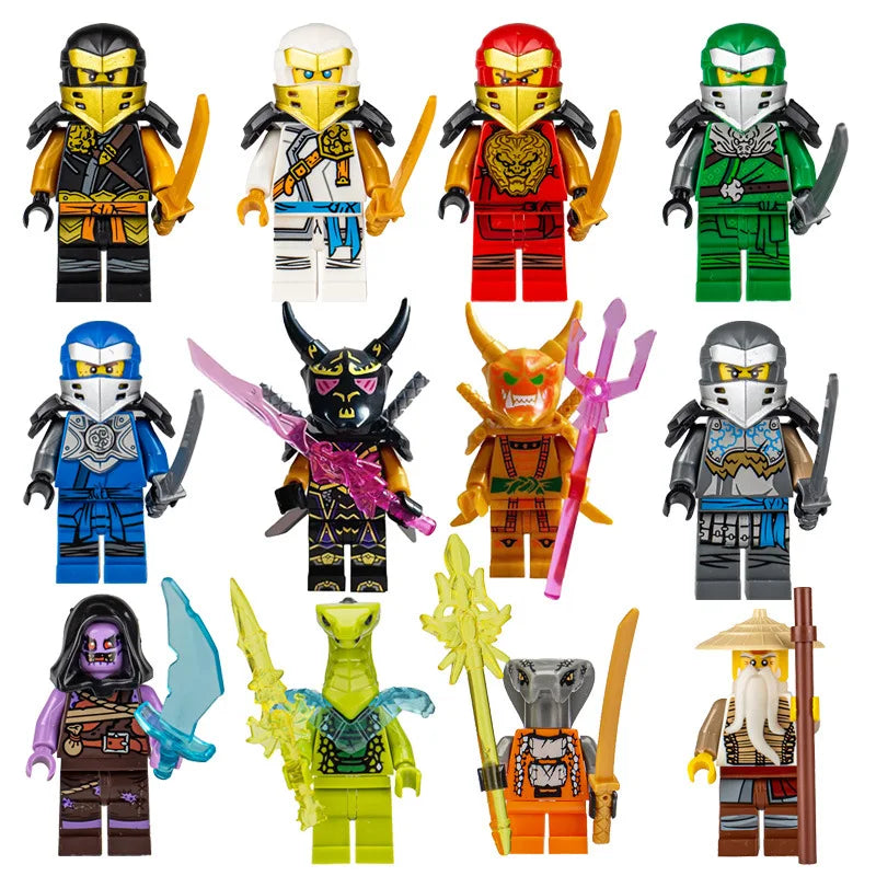 A collection of various Golden Ninja building block figures in different colors and styles.