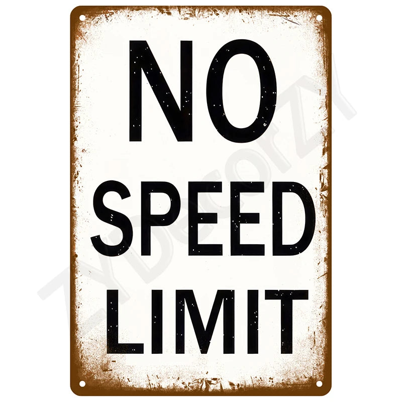 A vintage-style rectangular sign with the text NO SPEED LIMIT printed in black on a distressed brown background.
