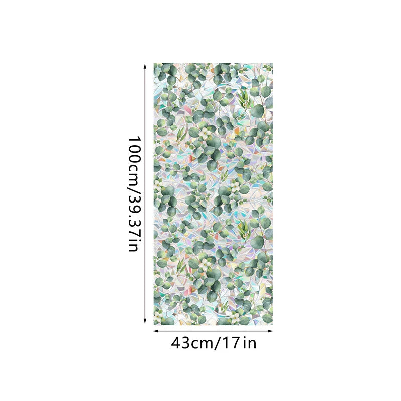 Botanical print static cling window film featuring green and pink leaves on a light background
