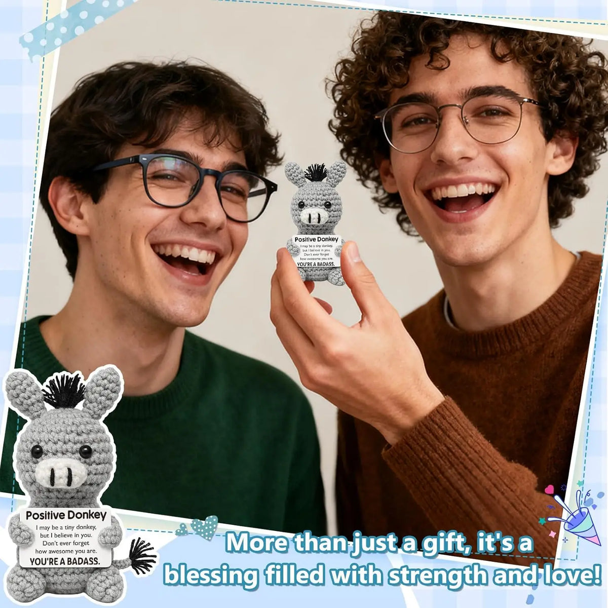A young man is holding a handmade crochet emotional support donkey desktop ornament.