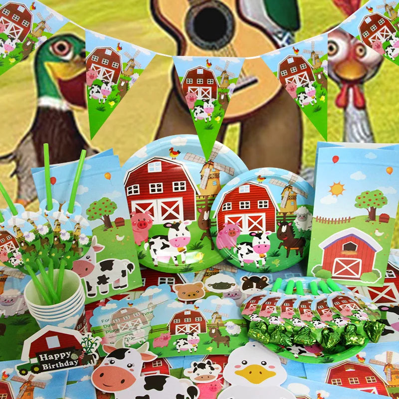 A collection of farm ranch birthday party decorations including a guitar backdrop, tableware, and various themed items.