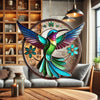 A colorful acrylic hummingbird suncatcher with iridescent wings hanging in a round frame.
