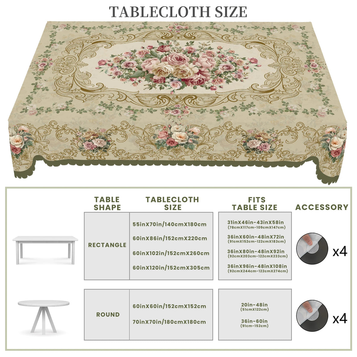 Vintage rose floral tablecloth featuring rectangular and round designs for elegant home and outdoor use
