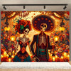 A vibrant banner featuring two sugar skull figures in traditional attire against a festive background.