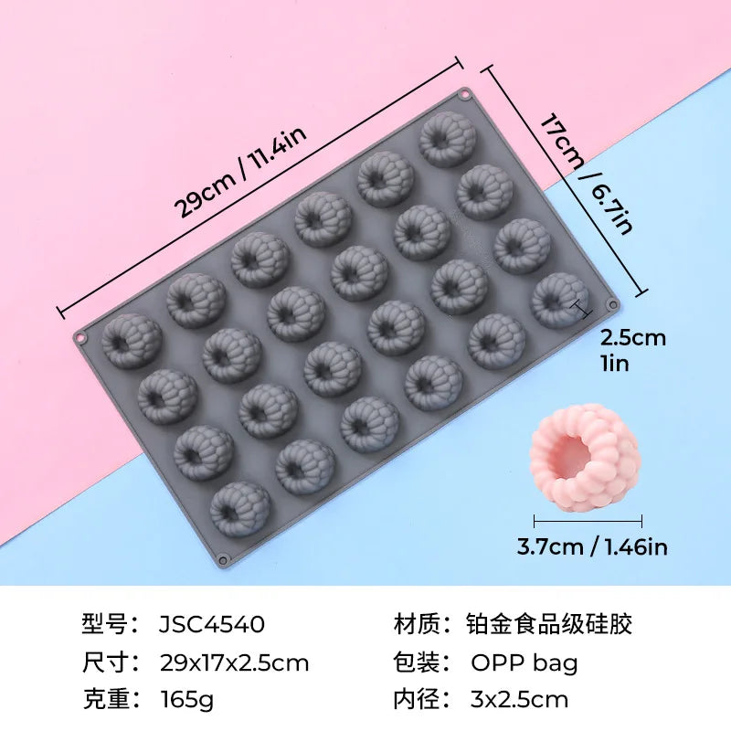 A silicone raspberry mousse mold with six cavities is shown on a light blue background.