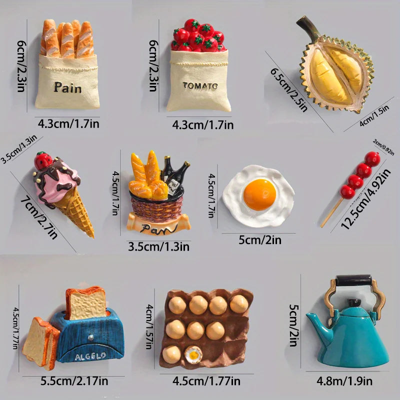 A set of 3D resin food magnets featuring items like an orange, tomato, lemon, ice cream cone, and bread slice.