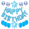 A collection of rose gold foil letter balloons spelling out HAPPY BIRTHDAY surrounded by blue confetti balloons.