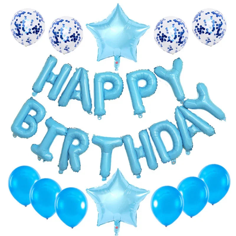 A collection of rose gold foil letter balloons spelling out HAPPY BIRTHDAY surrounded by blue confetti balloons.