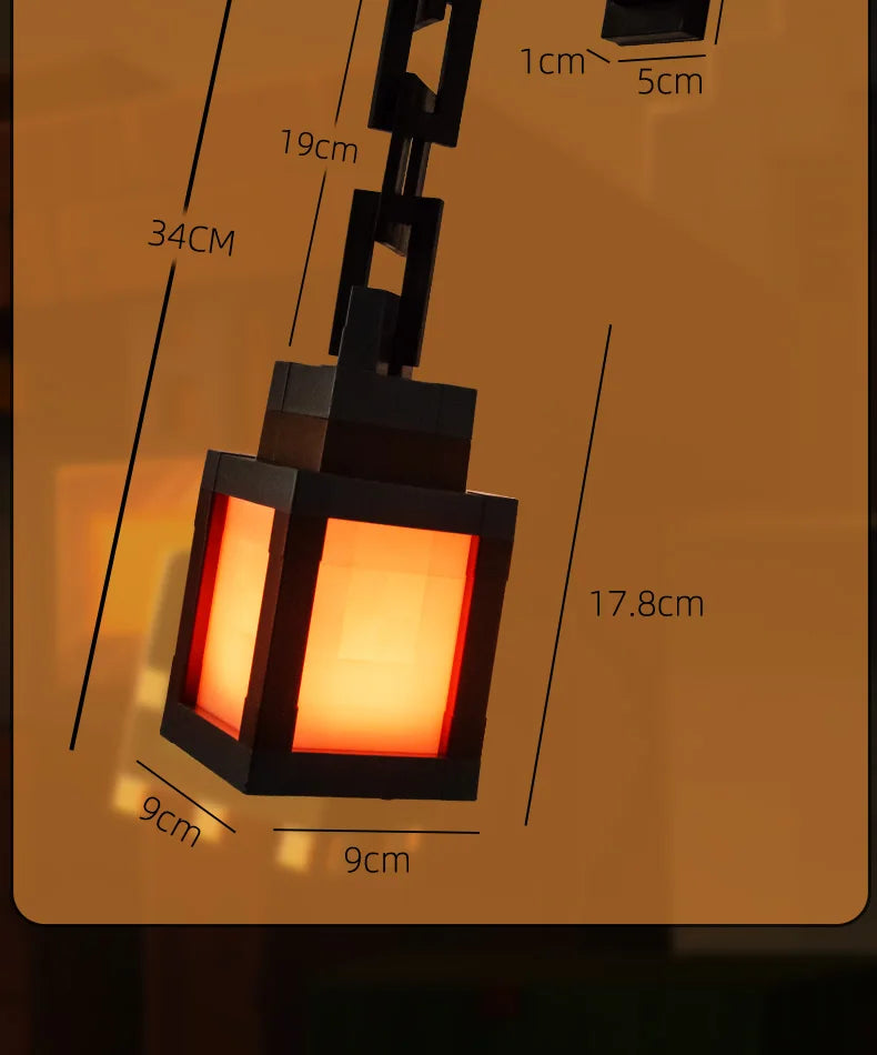 Lampe de nuit LED style pixel avec cadre noir et lueur orange, montrée avec des lignes de dimension.