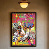 A vibrant anime poster featuring characters from JoJo's Bizarre Adventure in a vertical format displayed on a wall.