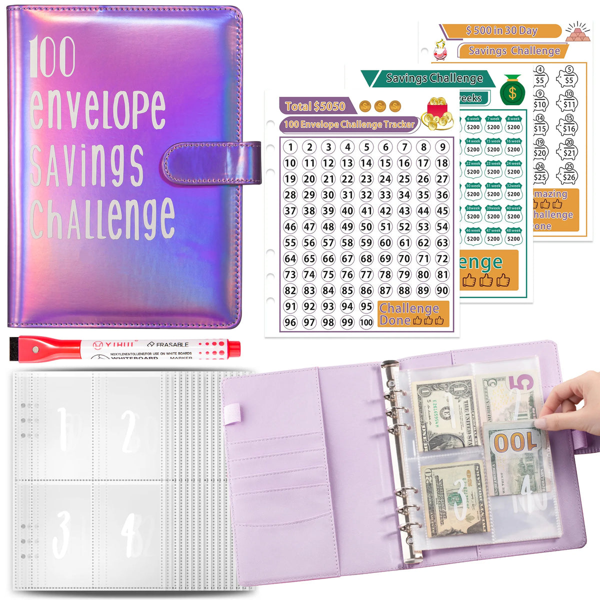 A purple leather binder for the 100 Envelope Savings Challenge with cash envelopes and tracking sheets.