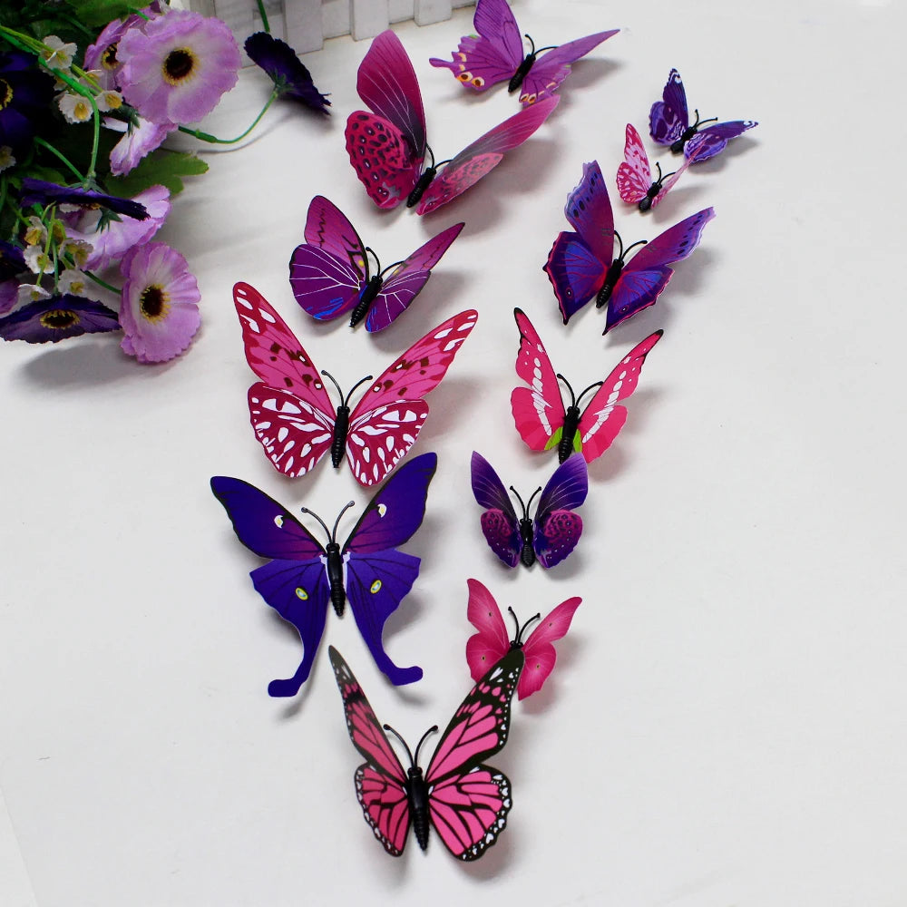 A collection of twelve colorful 3D butterfly wall decor stickers in various shades of purple, pink, and magenta.