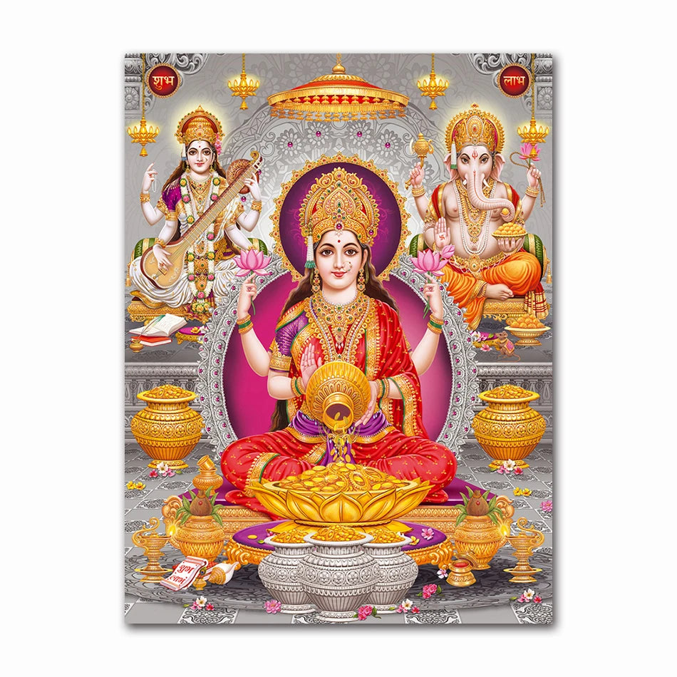 Golden Ganesha canvas art print featuring Shiva and Parvati deities.