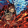A dynamic illustration of Kyojuro Rengoku with fiery effects and a fierce blue dragon-like face.