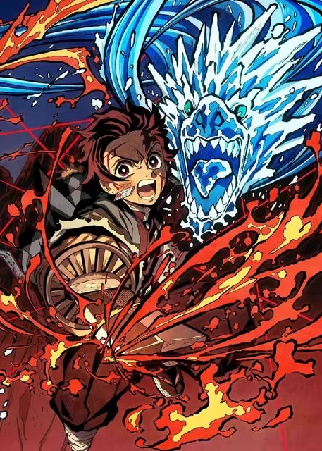 A dynamic illustration of Kyojuro Rengoku with fiery effects and a fierce blue dragon-like face.