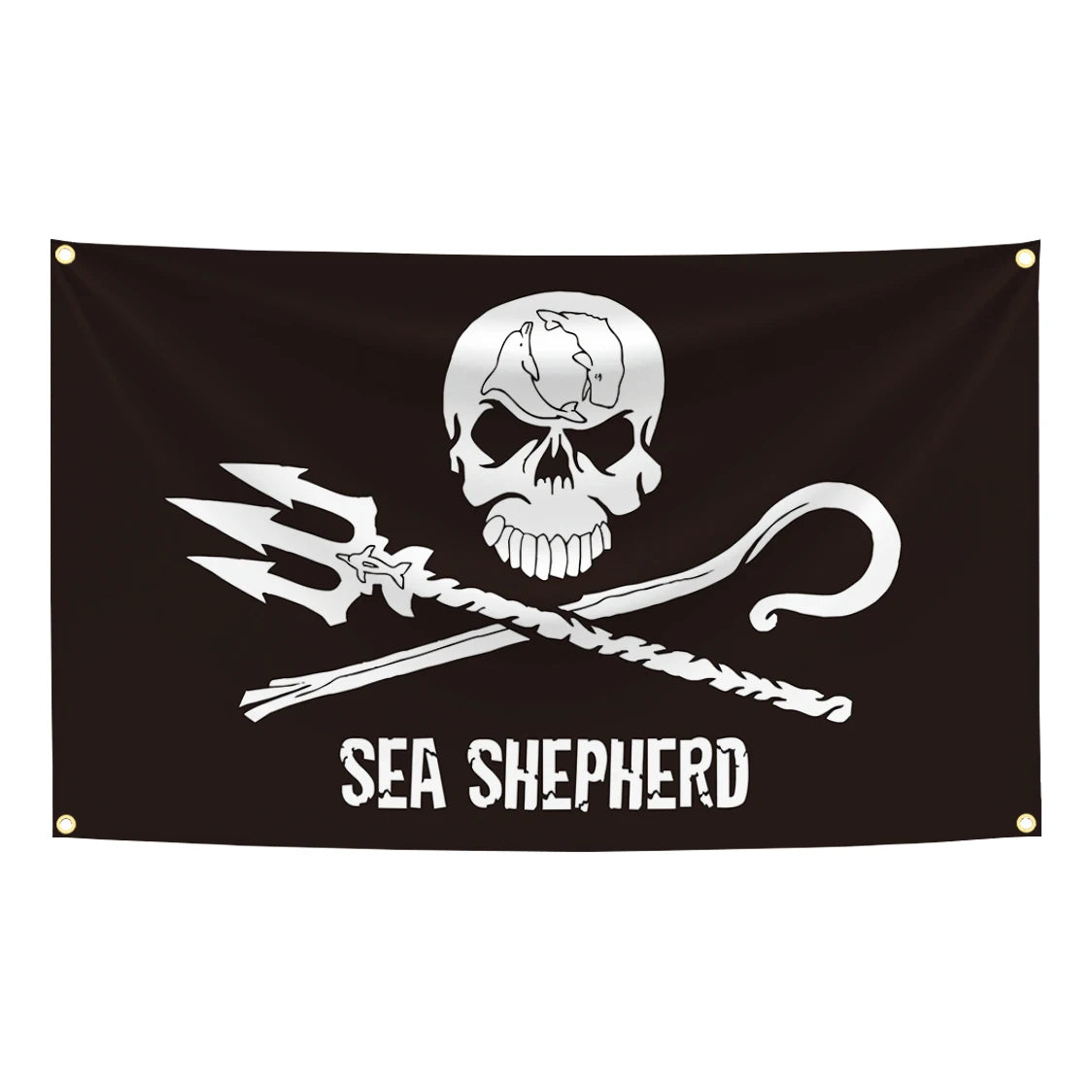Black tapestry featuring a white skull and crossbones with a pirate sword design and the text SEA SHEPHERD