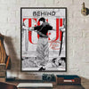 A poster featuring the title BEHIND with an illustration of Toji Fushiguro from an anime or manga.