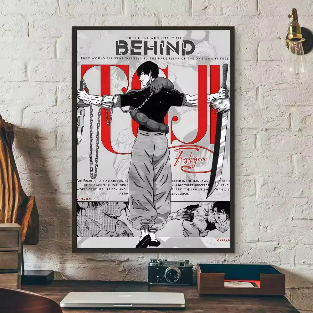 A poster featuring the title BEHIND with an illustration of Toji Fushiguro from an anime or manga.