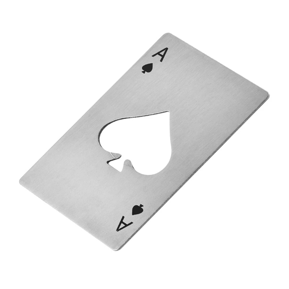 A stainless steel bottle opener shaped like a spade, featuring playing card symbols.