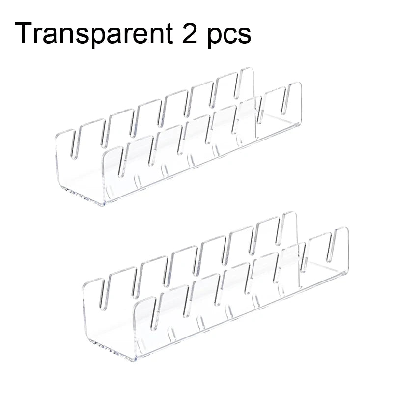 Two transparent acrylic organizer racks for baseball caps.