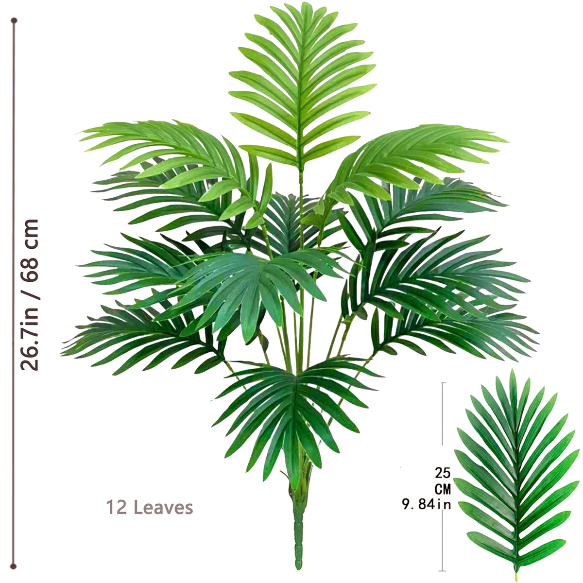 A realistic artificial palm tree featuring vibrant green silk leaves.
