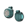 A teal portable bladeless clip-on fan with a grille and a smooth body is shown from the side.