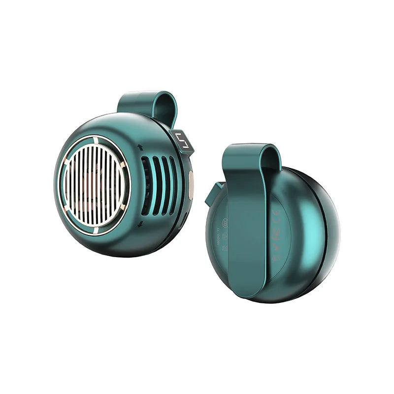 A teal portable bladeless clip-on fan with a grille and a smooth body is shown from the side.