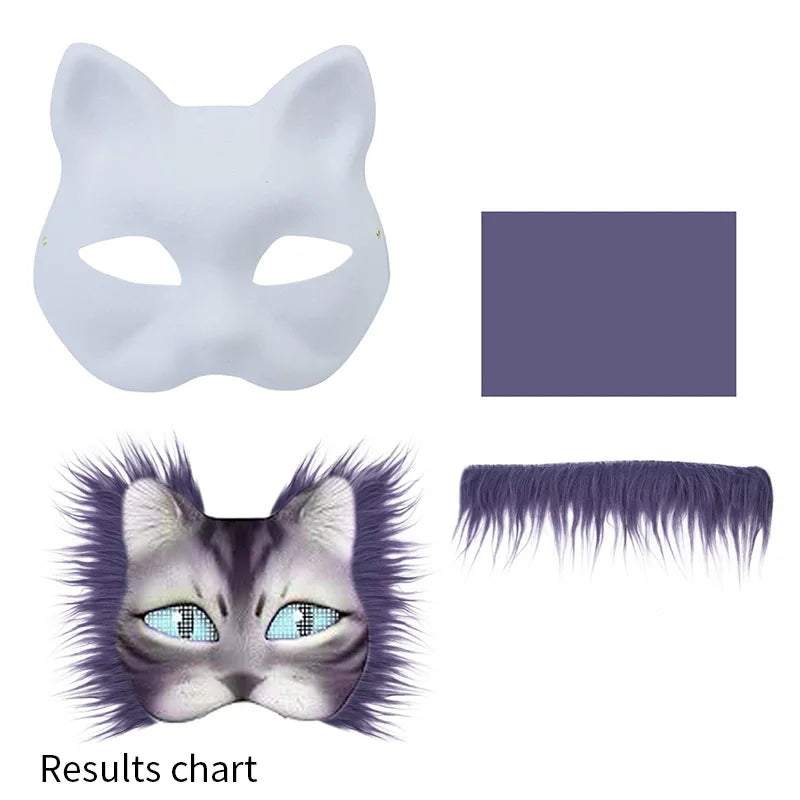 A kit showing a white mask template, a purple color swatch, and a realistic cat face with purple fur.