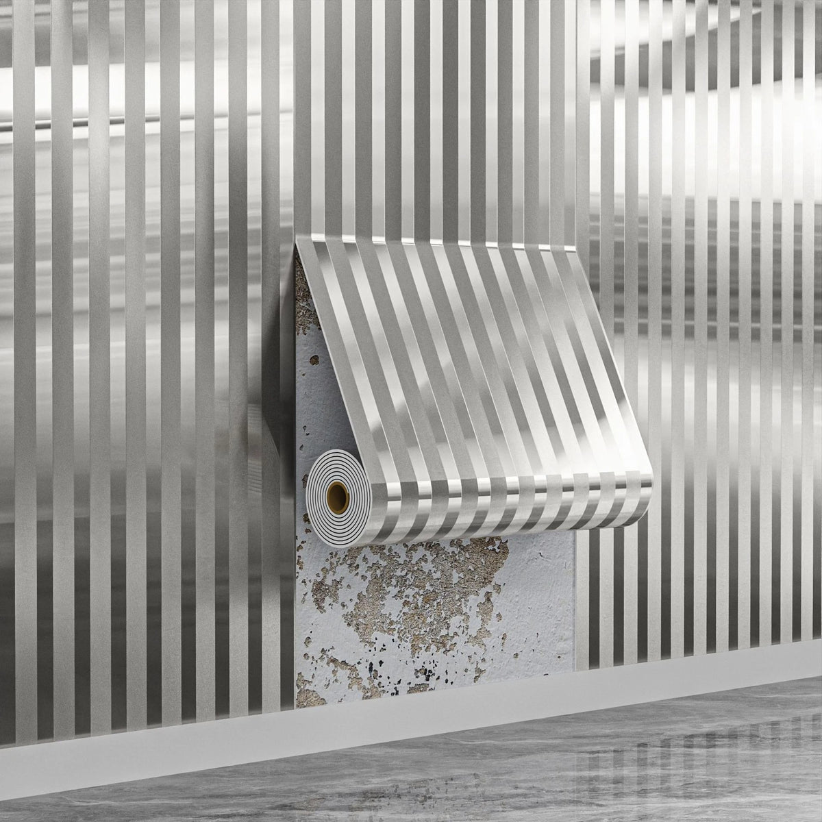 A roll of metallic gold striped peel-and-stick wallpaper is mounted on a textured wall surface.