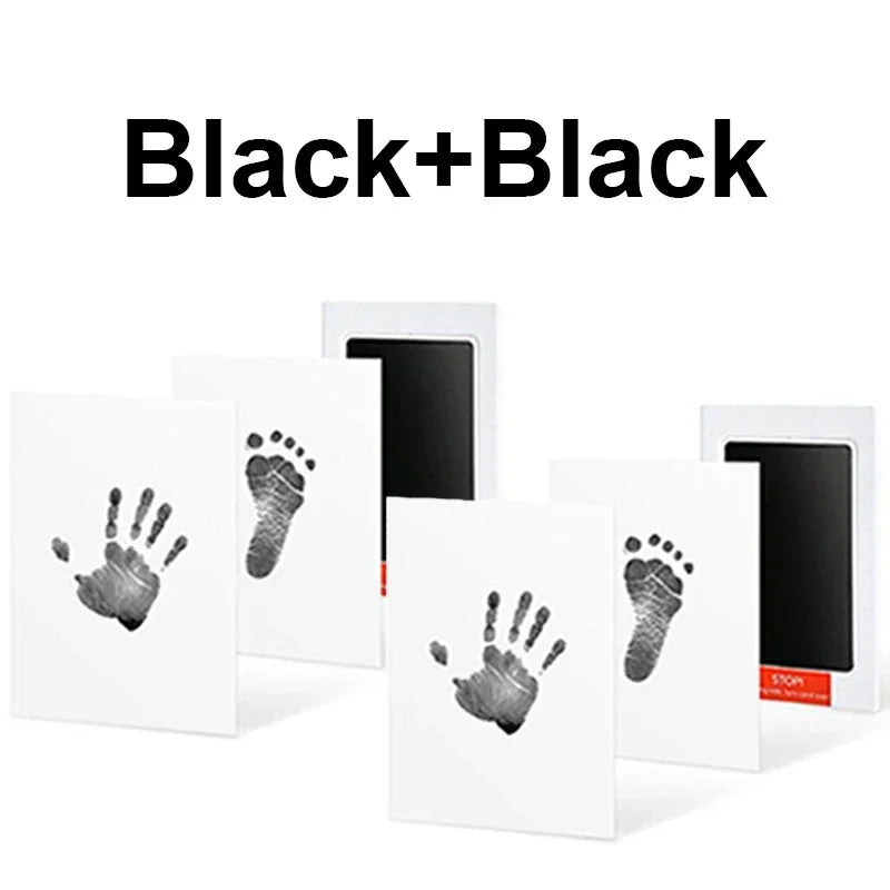 Black and black handprint and footprint ink pad kit featuring various prints on white paper.