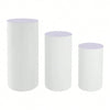 A set of three white cylinder pedestal display stands.
