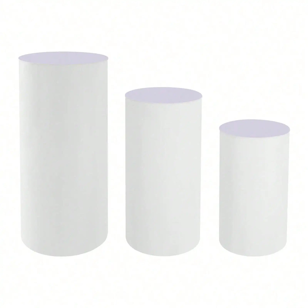 A set of three white cylinder pedestal display stands.