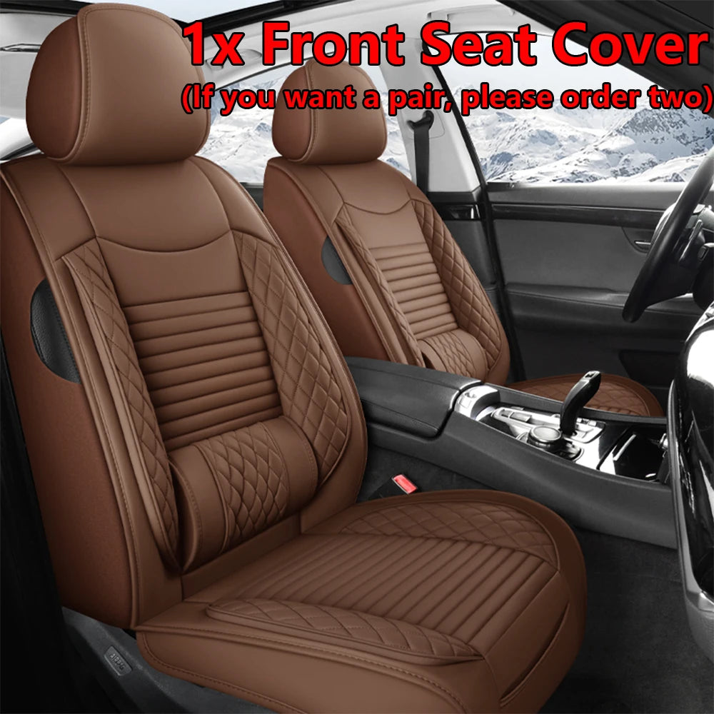 A brown front car seat cover for a vehicle interior, showing the seat and door panel.