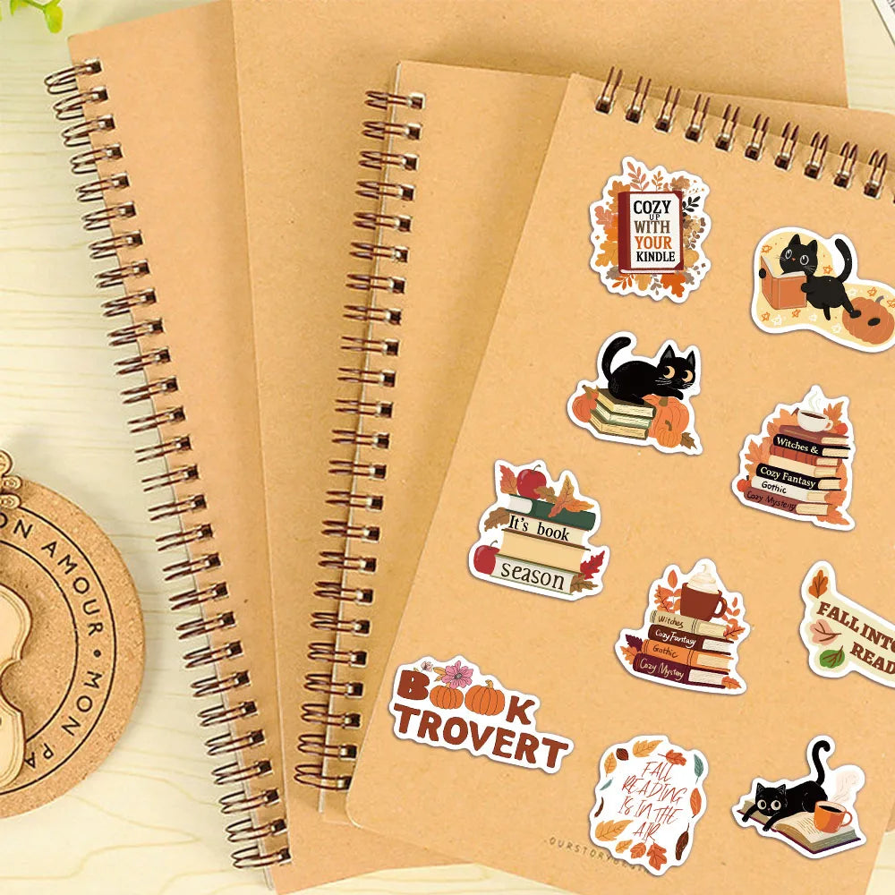 A set of bookish autumn graffiti stickers featuring cute ghost and book designs on kraft paper.