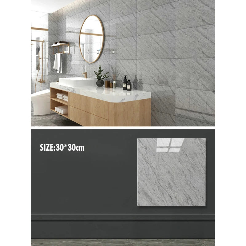 Marble wall decals featuring gray veined stone texture on a dark gray background.