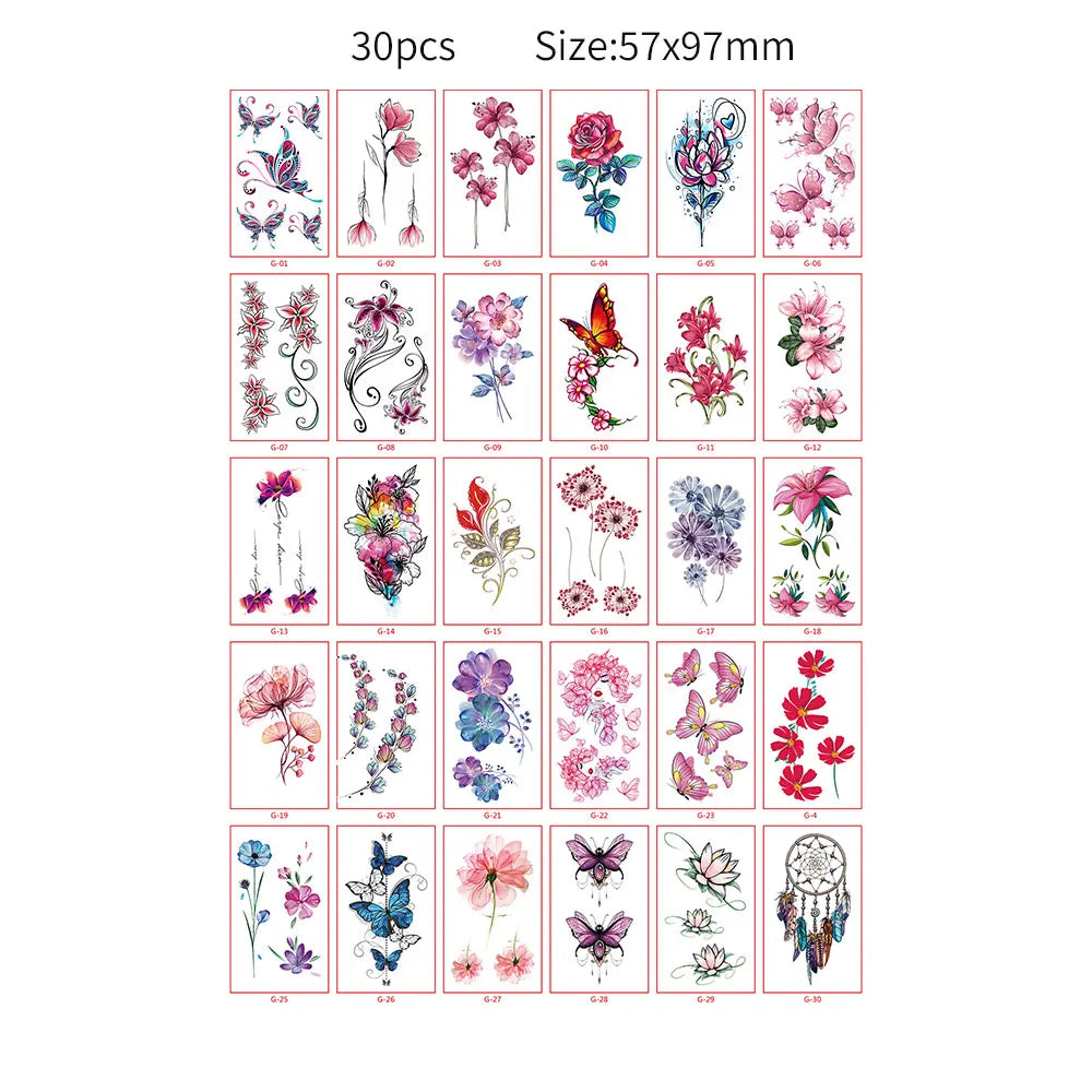 A grid showing 30 sheets of realistic black butterfly temporary tattoos in various floral and nature designs.