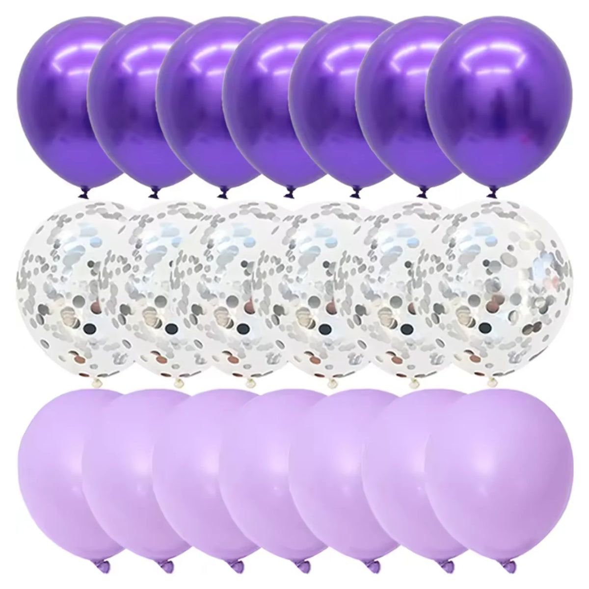 A pack of 40 matte latex balloons in silver, white, and purple colors.