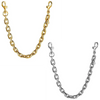 A close-up view of a gold paperclip chain bag strap and a silver paperclip chain bag strap.