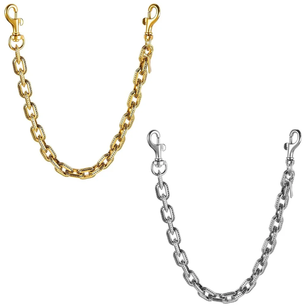 A close-up view of a gold paperclip chain bag strap and a silver paperclip chain bag strap.