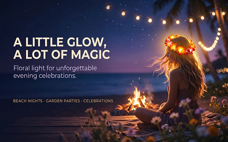 A woman wearing a glowing LED flower crown sits outdoors at night with a campfire and palm trees.