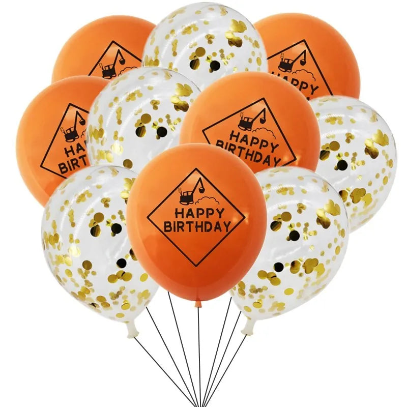 A bunch of orange and white latex balloons decorated with gold confetti and happy birthday text.