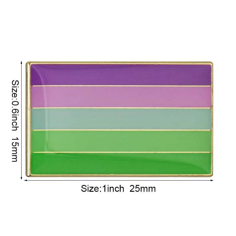 A rectangular lapel pin featuring five horizontal stripes of purple, green, and pink colors.