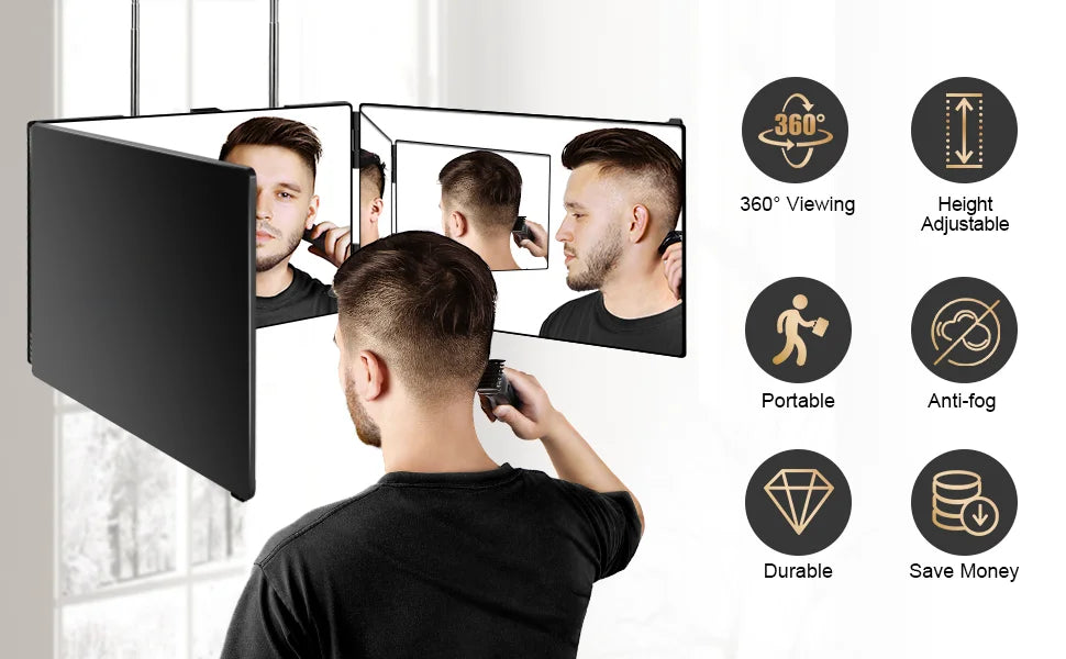 A man is using a portable trifold vanity mirror with an adjustable hook for grooming.