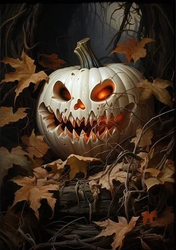 A carved white pumpkin face with glowing orange eyes and a wide, menacing grin surrounded by autumn leaves.