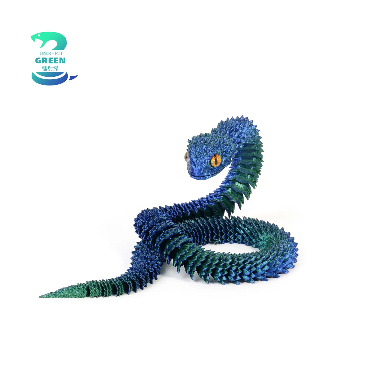 A blue green 3D printed articulated snake fidget toy coiled on a white background.
