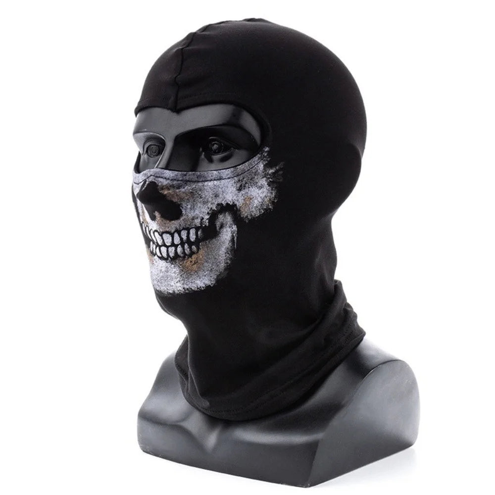 Black ice silk face mask with a detailed skull pattern for cosplay and festivals