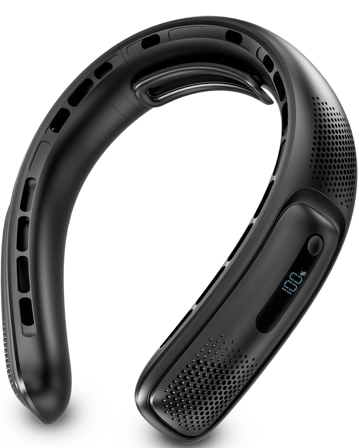 A black portable neck fan with a rechargeable battery shown from the side.