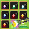 A set of seven colored lights displayed in various orientations and colors on a flashlight product.
