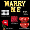 Set für 'Marry Me' Schild: 24 LED-Herzkerzen, 2000 Rosenblüten, Ringbox und 10 herzförmige Ballons.